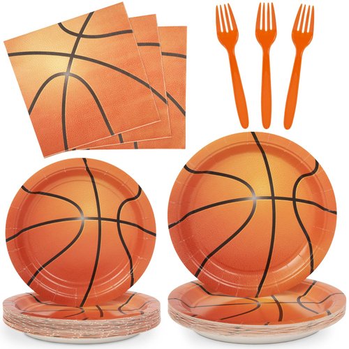 DECORLIFE Basketball Party Supplies Serves 24, Basketball Plates and Napkins, Forks Included, Basketball Party Decorations for Boys Birthday, Total 96 PCS