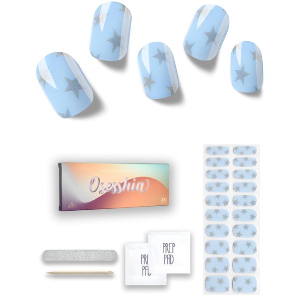 Osesshia Semi Cured Gel Nail Strips, 20 pcs Nail Wraps, Glaze Gel Nail Stickers, Salon Quality French Manicure, Full Decal Gel Polish Strips, Long Lasting SCG, Easy on, UV Required (4th July Stars)