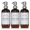 Amber Refillable Shampoo and Conditioner Bottles - Body Wash, Shampoo and Conditioner Dispenser - PET Plastic Shampoo Bottles Refillable with Pump - Waterproof Labels - 16 oz, 3 Pack (Stainless Steel)