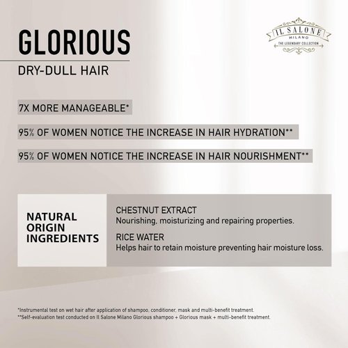 Il Salone Milano Professional Glorious Mask - Hydrating Hair Mask for Dry Hair - Increases Nourishment and Combability with Chestnut Extract & Rice Extract - Salon-Quality Hair Care (8.55 oz / 250 ml)
