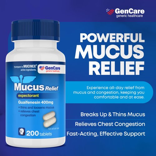 GenCare Mucus Relief Expectorant Guaifenesin 400 mg 200 Tablets Value Pack - Fast Acting Thinning of Mucus for Colds, Chest Congestion, Flu, Coughing and Allergies