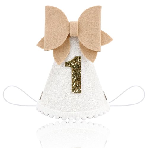 CUBACO birthday hats for kids, bow Birthday Party Decorations for Girls,Glitter Birthday Hat with White Pom Topper (1st)
