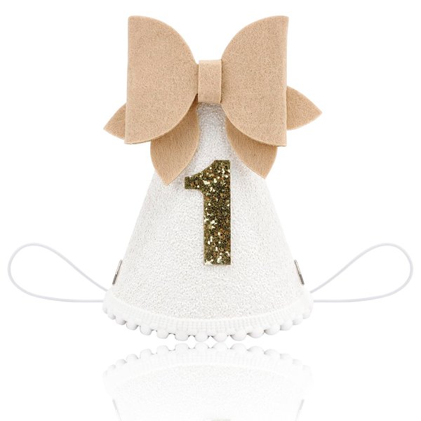 CUBACO birthday hats for kids, bow Birthday Party Decorations for Girls,Glitter Birthday Hat with White Pom Topper (1st)