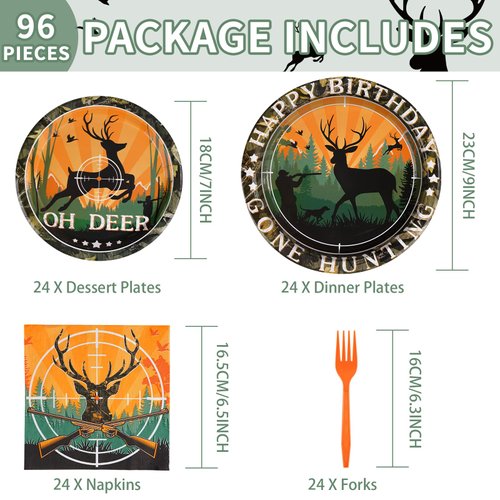 96Pcs Hunting Camo Party Supplies Oh Deer Hunting Birthday Party Decorations 350GSM Disposable Hunting Theme Birthday Tableware Set Camo Plates Napkins Forks for Outdoor Camping Picnic Decor Serves 24