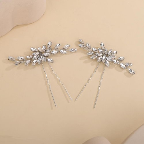 Teyglen Crystal Bridal Hair Pins Clips Rhinestone Bride Wedding Hair Pins Hair Jewelry Accessories for Women Party Prom Handmade Silver Rhinestone Hair Pins (Silver)