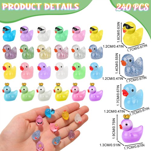 GGSTDDUP 240 PCS Mini Resin Ducks, Colorful Cute Mini Duck, Glitter Miniature Figures, Luminous Tiny Ducks Wearing Sunglasses and Crown, Glow in The Dark for Tiny Home Dollhouse Garden (4 Styles)