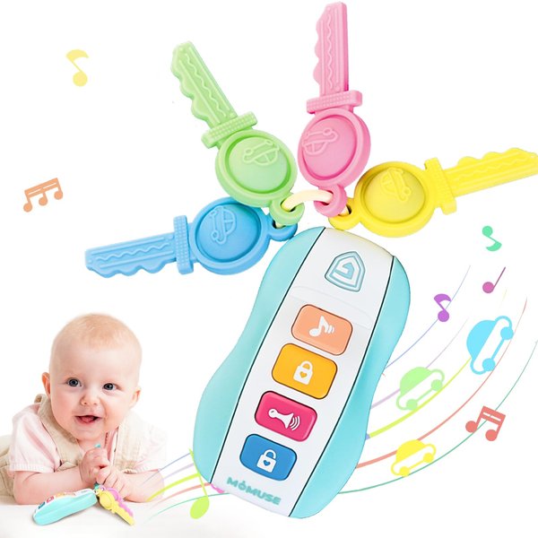 MOMUSE Baby Teething Relief Toys for 6-12 Months, Baby Teether Keys Car Musical Toy for 6 9 12 18 36 Months, Food Grade Silicone Sensory Chew Toy Travel Toys Gifts for Infant Baby Boys & Girls