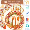 YQUQWN 168 Pcs Fall Thanksgiving Paper Plates and Napkins, Fall Disposable Dinnerware Set for 24 Guests, Includes Paper Plate Cup Napkin Spoon Knives Fork, Party Supplies for Thanksgiving Fall Harvest