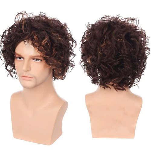 Tseses Curly Men Wig Short Brown Fluffy Layered Natural Looking Heat Resistant Synthetic Wigs with Wig Cap