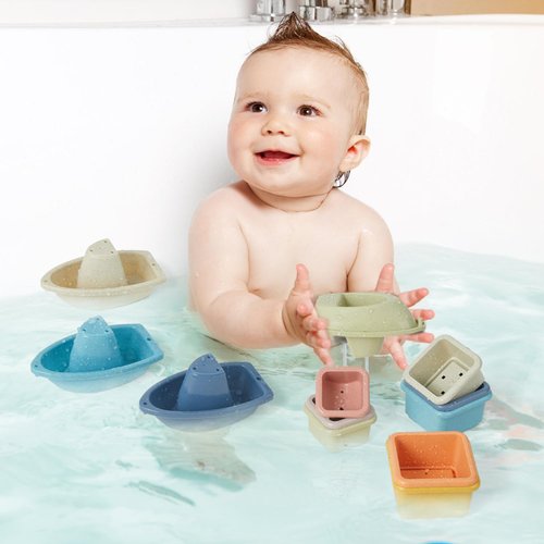 AMCHSURI Bath Toys Floating Boats with Baby Stacking Cups, 13 PCS Mold Free Toddler Bath Toys Bathtub Water Table Pool Toys, Baby Stacking Toys Nesting Cups for Toddlers