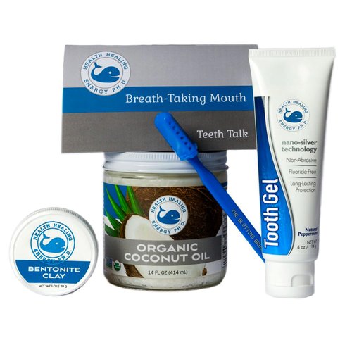 Health Healing Energy Ph.D. Oral Care Kit | Teeth Whitening Pack Includes Bentonite Clay, Blotting Brush, Silver Toothpaste Gel and Coconut Oil | Formulated for Fresh Breath and Super Clean Mouth