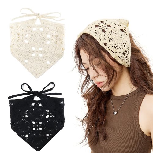 2 Pcs Crochet Bandana Hair Scarf for Women, Beige, Black, Vintage Boho Floral Hairbands Headbands for Hair Styling Decor