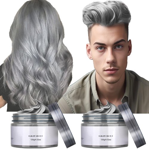 Jebousike Temporary Hair Color Wax, 2pc Washable Hair Wax Dye for Men Women, 4.23 Ounces Gray Hair Styling Clay Ash for Crazy Hair, Cosplay Party, Makeup Gifts
