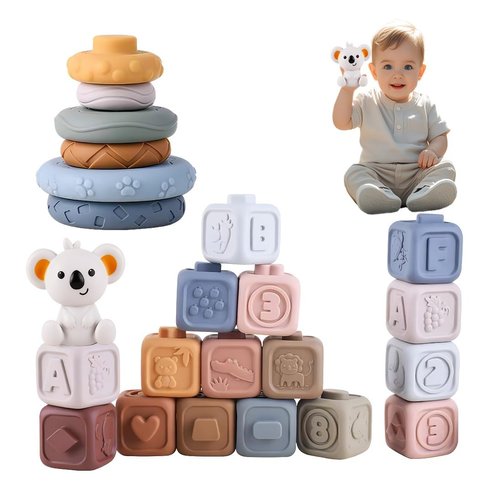 TMYIDO 2 in1 Soft Stacking Building Blocks Rings Sets,Montessori Toys for Babies 6 12 18 Months,Early Learning Toys 06-12 Months and Squeeze Stacker and Soft Teething Toys for Babies