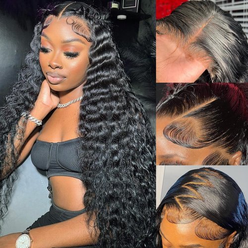 AskWish Deep Wave Lace Front Wigs Human Hair Pre Plucked 180% Density 13x4 Frontal Wigs Human Hair Transparent HD Lace 26 Inch Curly Wigs for Black Women with Baby Hair Glueless Wigs Natural Black