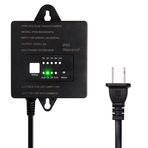 Paktonvo 60W Low Voltage Transformer with Timer and Photocell Sensor, 120V AC to 12V DC, IP65 Waterproof, Supply for LED Landscape Light, Outdoor Spotlight, Pathway Light,Garden Light