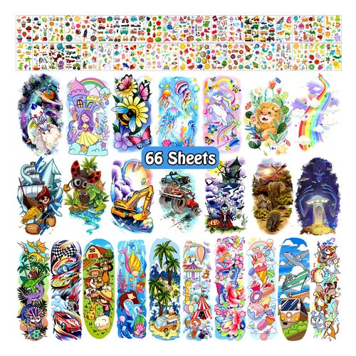 Partywind 66 Sheets Kids Full & Half Arm Temporary Tattoos Sleeves, Fake Tattoo Stickers with Dinosaur/Pirate/Cars for Boys, Butterfly/Mermaid Tattoos for Girls, Kids Party Supplies