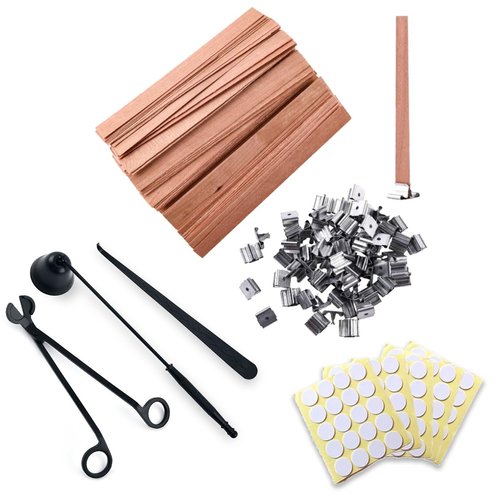XBTEBBWL 100Pcs 5.1 X 0.5 Inch Wooden Candle Wicks,Candle Trimmer Set and Smokeless Candle Wicks with Iron Stand for DIY Candle Making