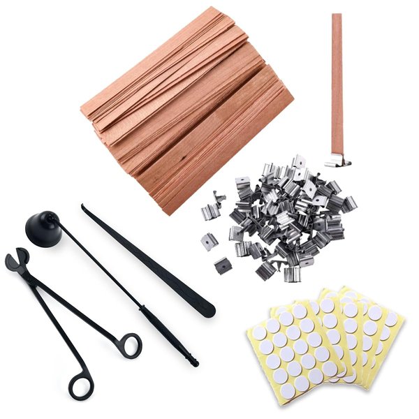 XBTEBBWL 100Pcs 5.1 X 0.5 Inch Wooden Candle Wicks,Candle Trimmer Set and Smokeless Candle Wicks with Iron Stand for DIY Candle Making