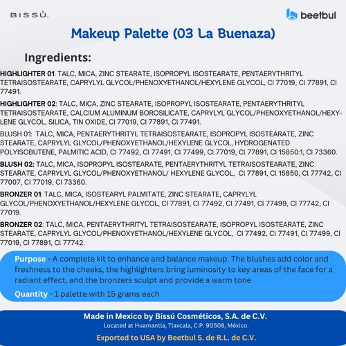 Bissú 6 colors Makeup Palette (4grms each color) includes 2 highlighters, 2 Bronzers, 2 Blushes (La Buenaza)