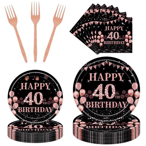 Rakuto 40th Birthday Party Tableware - 96PCS 40th Party Plates Napkins Forks Supplies Rose Gold 40th Birthday Party Supplies Decorations Woman Happy 40th Birthday Party Dinnerware Decor (24 Guests)