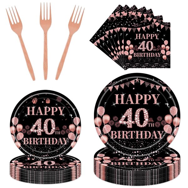 Rakuto 40th Birthday Party Tableware - 96PCS 40th Party Plates Napkins Forks Supplies Rose Gold 40th Birthday Party Supplies Decorations Woman Happy 40th Birthday Party Dinnerware Decor (24 Guests)