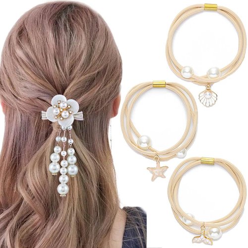 Firuilo Pearl Scrunchies Hair Ties Flower Hair Scrunchies Fashion Fancy Ponytail Holder Hair Acce...