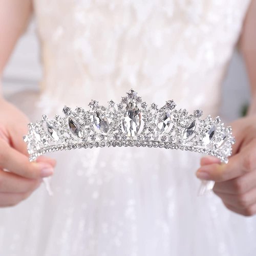 JWICOS Crystal Tiara with Comb for Women Queen Crown Wedding Bridal Party (Silver)