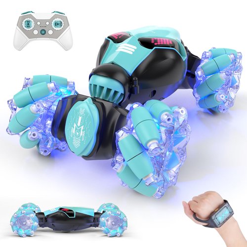 Powerextra LED Gesture RC Car, 4WD Hand Controlled Sensor RC Stunt Car for Age 8+ Year Old Boys & Girls, Double Sided 360° Flips Off Road Remote Control Vehicle Toy with Lights & Music, Sensing Toy