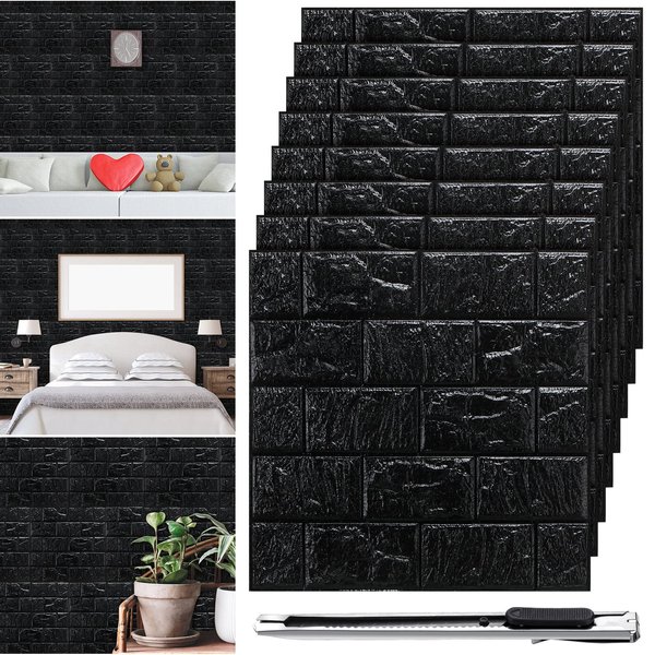 30 Pcs 28.81 Sq ft 3D Wall Panels Peel and Stick Foam Brick Wallpaper Printable Faux Brick Wall Panels Decorative Self Adhesive Wall Tiles Waterproof Wall Covering Panels for Wall Decor (Black)