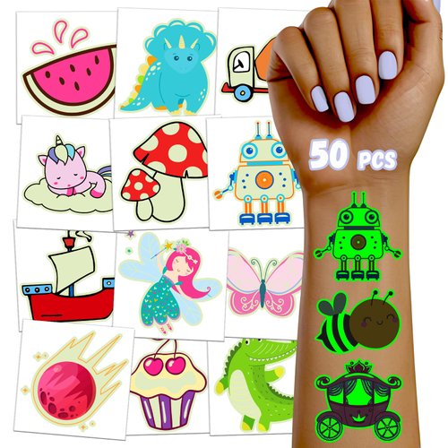 TatoYard 50 PCS Individually Wrapped Temporary Tattoos Stickers, Bulk Kids Non Toxic Tattoos for Party Decorations Supplies, Goodie Bags Stuffers for Kids Birthday Party Favors (Luminous)