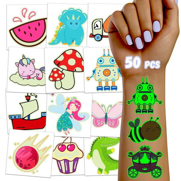 TatoYard 50 PCS Individually Wrapped Temporary Tattoos Stickers, Bulk Kids Non Toxic Tattoos for Party Decorations Supplies, Goodie Bags Stuffers for Kids Birthday Party Favors (Luminous)