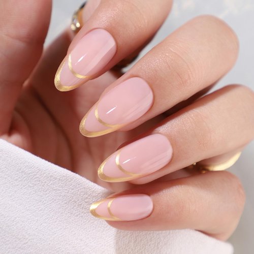 Gold Double French Tips Press on Nails Medium Almond Fake Nails French Nails Oval Shaped False Nails with Gold Stripes Designs Acrylic Nails French Tip Nails Glossy Glue on Nails for Women Girls