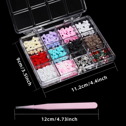 Uotey 3D Bows Nail Charms, Pink Color White Red Black Bows Flowers Pearls Nail Charms, Mixed Color Nail Charms Butterfly Cherry Alloy Silver Nail Art Gems Charms for Nail Art Decor Accessories DIY