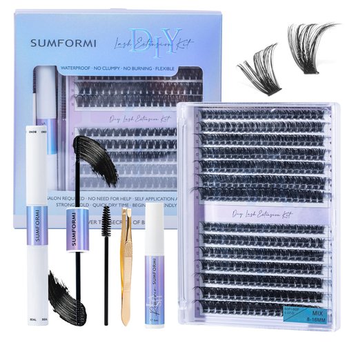 SUMFORMI DIY Lash Extension Kit Natural Eyelash Extension Kit Wispy Lash Clusters Kit Waterproof Single Lashes Extension Kit Natural Look Eyelash Cluster Lash Kit D Curl 8-16MM at Home 60+80D Natural