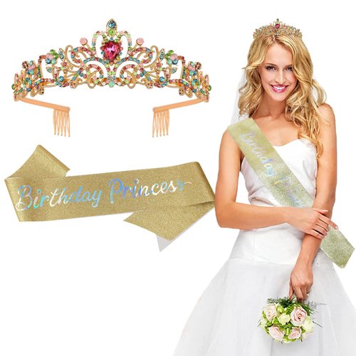 AUOCATTAIL Birthday Crown and Sash Set, Birthday Princess Sash Multicolor Queen Crowns Crystal Rhinestone for Women Girl Birthday Party Decorations Gifts Sweet Accessories