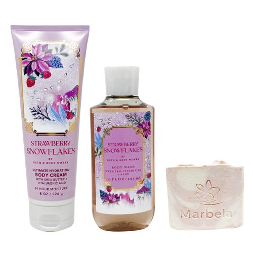 Bath & Body Works Strawberry Snowflakes - Duo Gift Set - Body Cream and Body Wash With a Himalayan Salts Springs Soap., pink