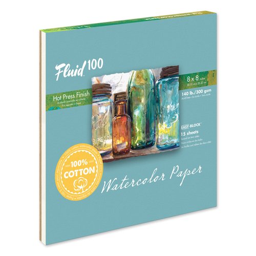 Speedball Art Products, 812210, Fluid 100 100% Cotton Artist Watercolor Paper, 8 x 8 inch Block, 140 lb Hot Press