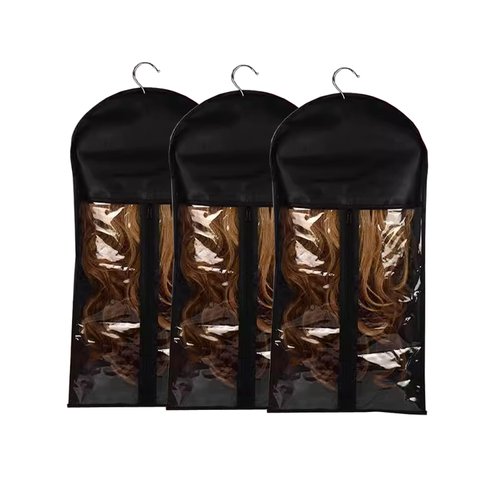3 Pcs Hair Extension Storage Bag, Hair Extensions Holder with Hanger, 11.4 * 23.6 inches, Portable Wig Bags Storage with Transparent Zipper Closure (Black)