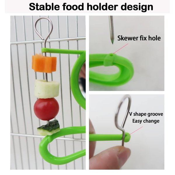 3 in 1 Bird Toys(Treat Skewer/Mirror/Perch) Bird Food Holder, Bird Feeders, Stainless Steel Parrot Fruit Vegetable Stick Holder with Mirror Perch Toys Suit Small to Regular Size