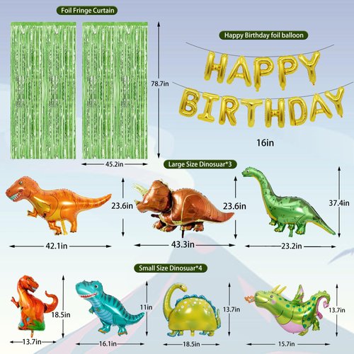 Dinosaur Birthday Decorations, Dinosaur Birthday Party Supplies for Boys Include Foil Dinosaur Balloons, Happy Birthday Balloons, Rain Curtain,Latex Balloons Arch Kit for Dino Jungle safari Party