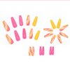 24 Pcs Acrylic Press on Nails Long Fake Nails Colorful Stripes Glue on Nails Coffin Shaped False Nails with Yellow Rose Red Color Glossy Stick on Nails for Women Girls