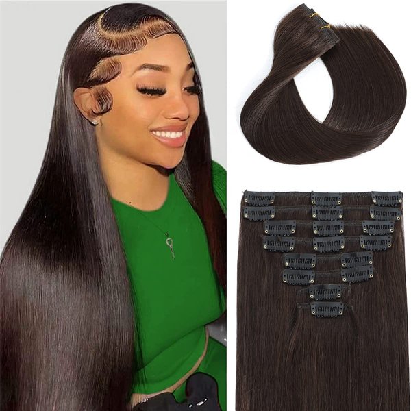 Clip in Hair Extensions Real Human Hair 100% Brazilian Virgin Human Hair 8pcs Per Set with 18Clips Double Weft Clip in Human Hair Extensions (16 Inch, #2 Dark Brown Hair Extensions)