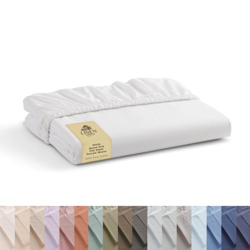 100% Cotton Percale Fitted Sheet Queen Size, White, 1 Deep Pocket Fitted Sheet, Crisp and Cool Strong Bed Linen, 60"X80"+15"