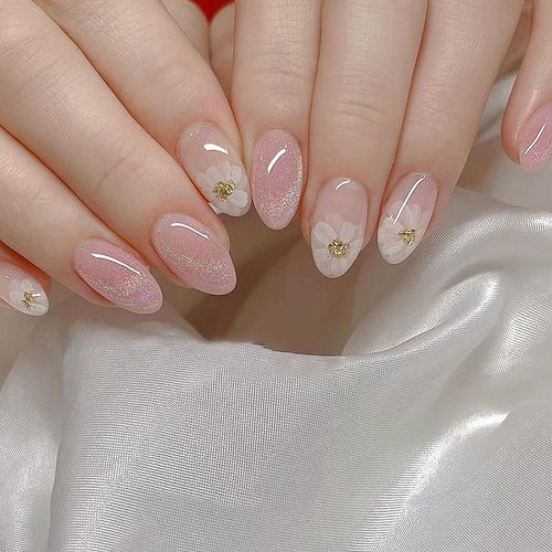 Press on Nails Pink Almond Shaped Short Oval Fake Nails with Gold Glitter Flower Sweet Designs Acrylic Glossy Nails Stick on Nails for Women and Girls 24 Pcs