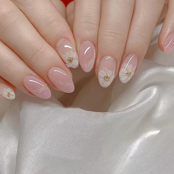 Press on Nails Pink Almond Shaped Short Oval Fake Nails with Gold Glitter Flower Sweet Designs Acrylic Glossy Nails Stick on Nails for Women and Girls 24 Pcs