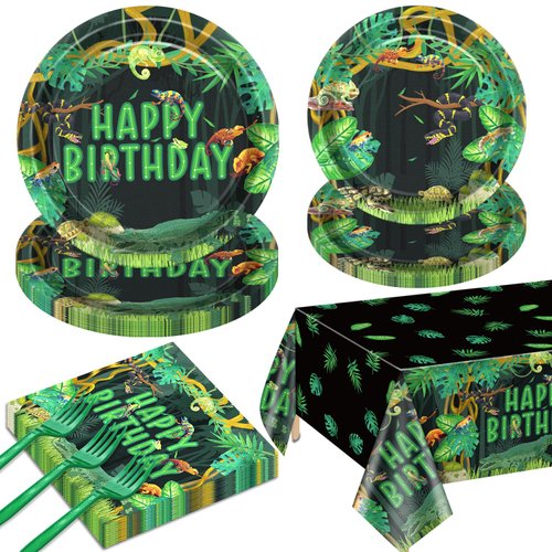Reptile Birthday Party Supplies for 20 Guests, Disposable Tableware Set Includes Plates, Napkins, Forks, Tablecloth, Jungle Swamp Wilderness Snake Lizard Alligator Turtle Birthday Decorations for Kids