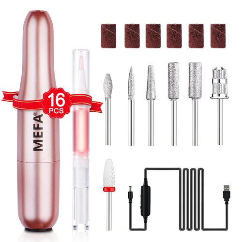 MEFA Nail Drill, 16 PCS Kit Electric Nail Drill with Nail Drill Bits & Cuticle Oil Pen, Portable Electric Nail File Professional, 20000RPM Manicure Pedicure Nail Set Efile Nail Drill for Home Salon