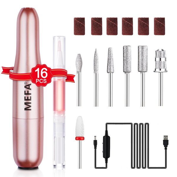 MEFA Nail Drill, 16 PCS Kit Electric Nail Drill with Nail Drill Bits & Cuticle Oil Pen, Portable Electric Nail File Professional, 20000RPM Manicure Pedicure Nail Set Efile Nail Drill for Home Salon