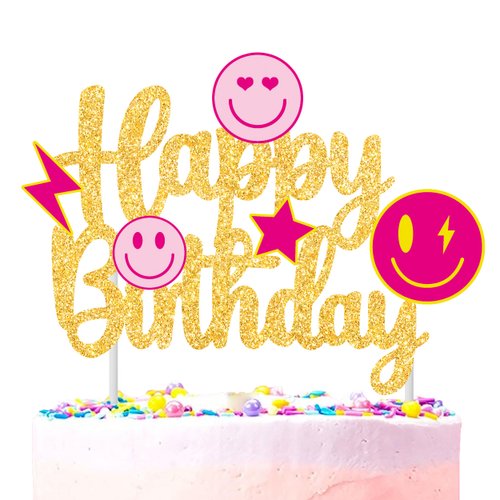 Preppy Happy Birthday Cake Topper Preppy Smile Face Birthday Party Decoration Smile Face Lightning Star Theme Party Cake Pick for Preppy Birthday Back to School Party Bachelorette Party Supplies